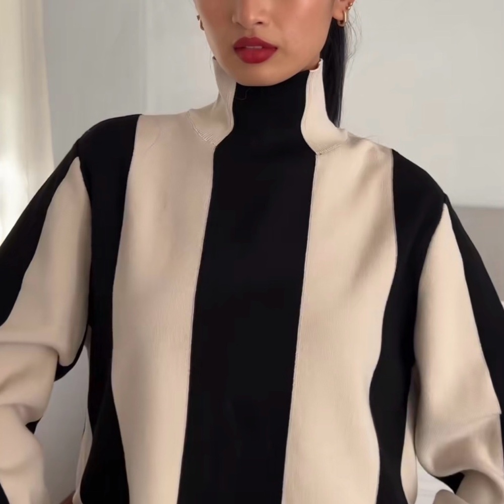 H&M Black and Natural White Striped Women's Turtleneck Sweater